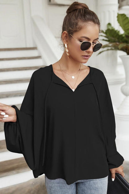 Tie Neck Balloon Sleeve Blouse-Teresa&#39;s Fashionista LLC