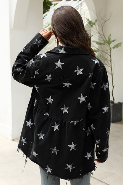 Collared Neck Star Print Long Sleeve Denim Jacket-Teresa&#39;s Fashionista LLC