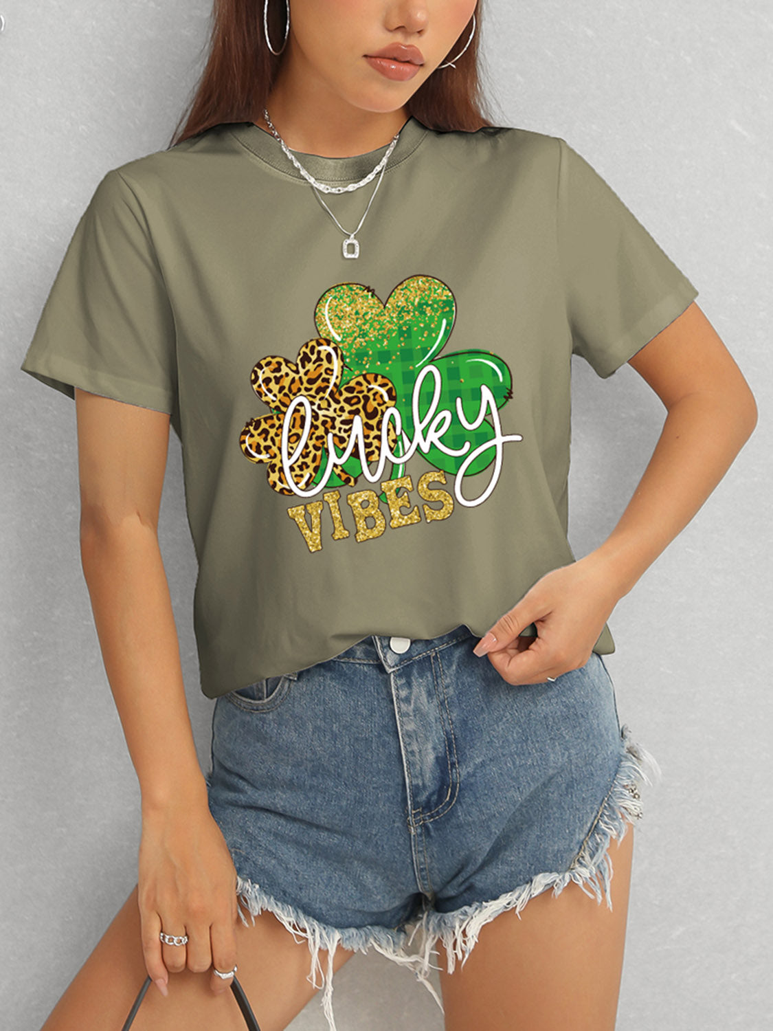 LUCKY VIBES Round Neck Short Sleeve T-Shirt-Teresa&#39;s Fashionista LLC