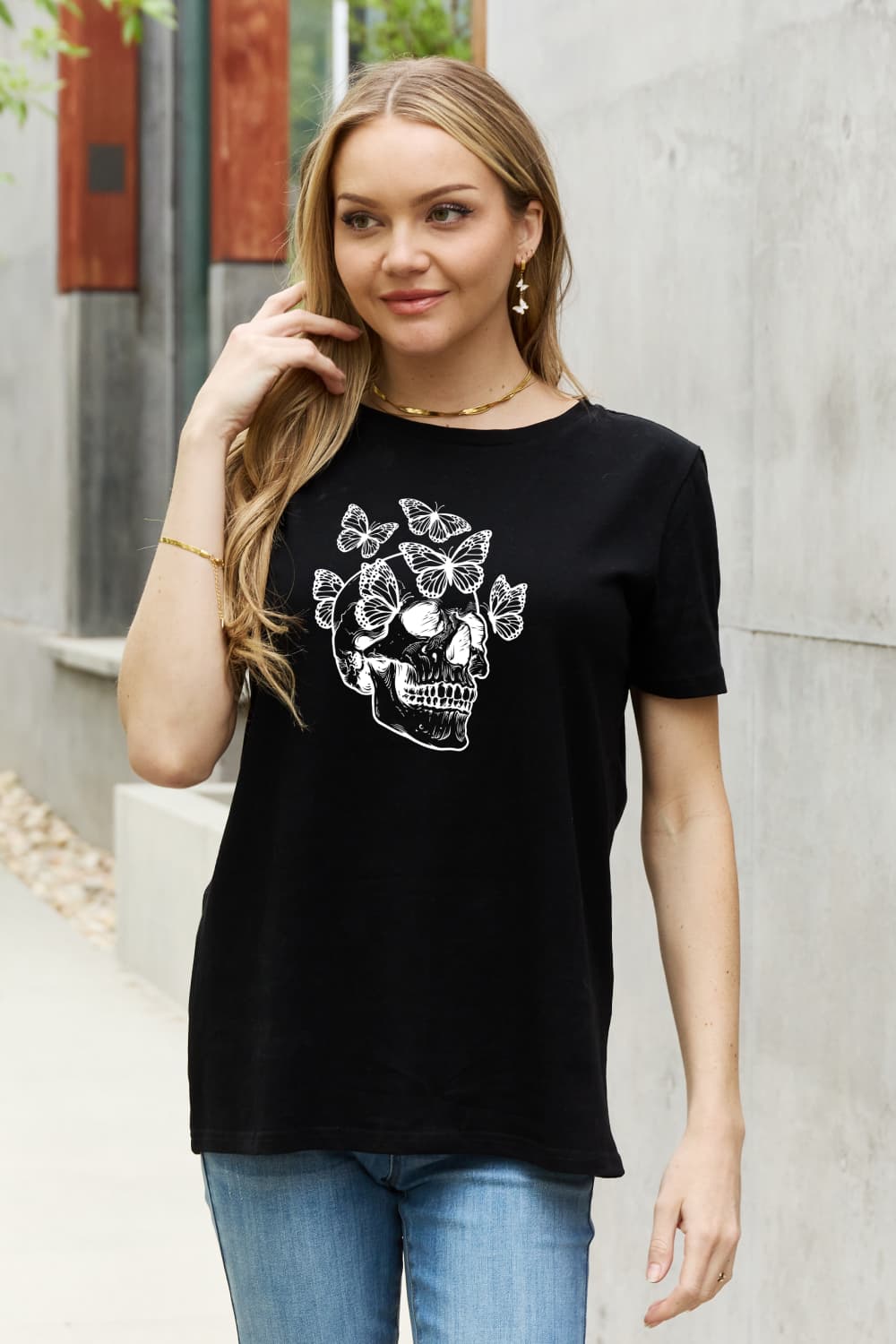 Simply Love Full Size Butterfly Skull Graphic Cotton Tee-Teresa&#39;s Fashionista LLC