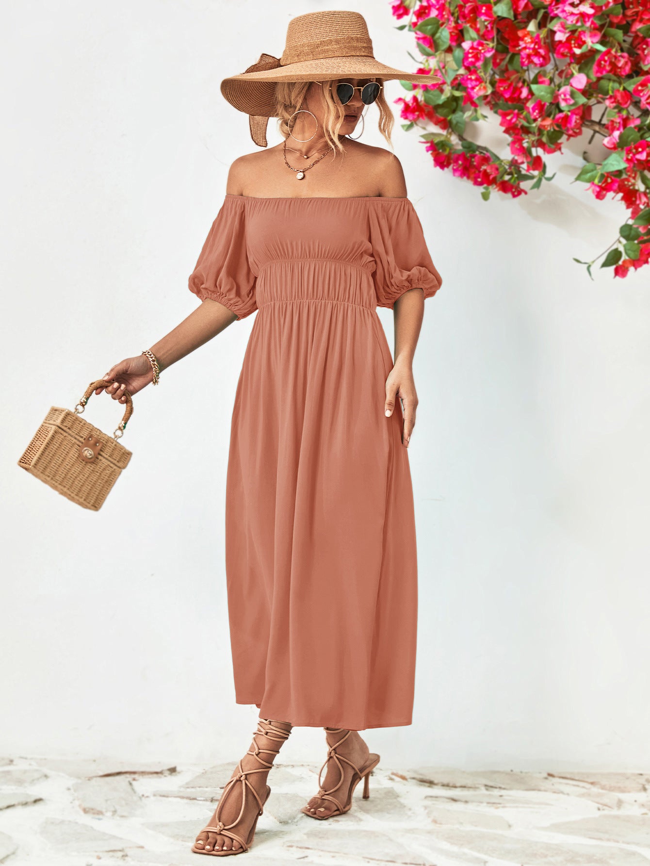 Off-Shoulder Balloon Sleeve Midi Dress-Teresa&#39;s Fashionista LLC