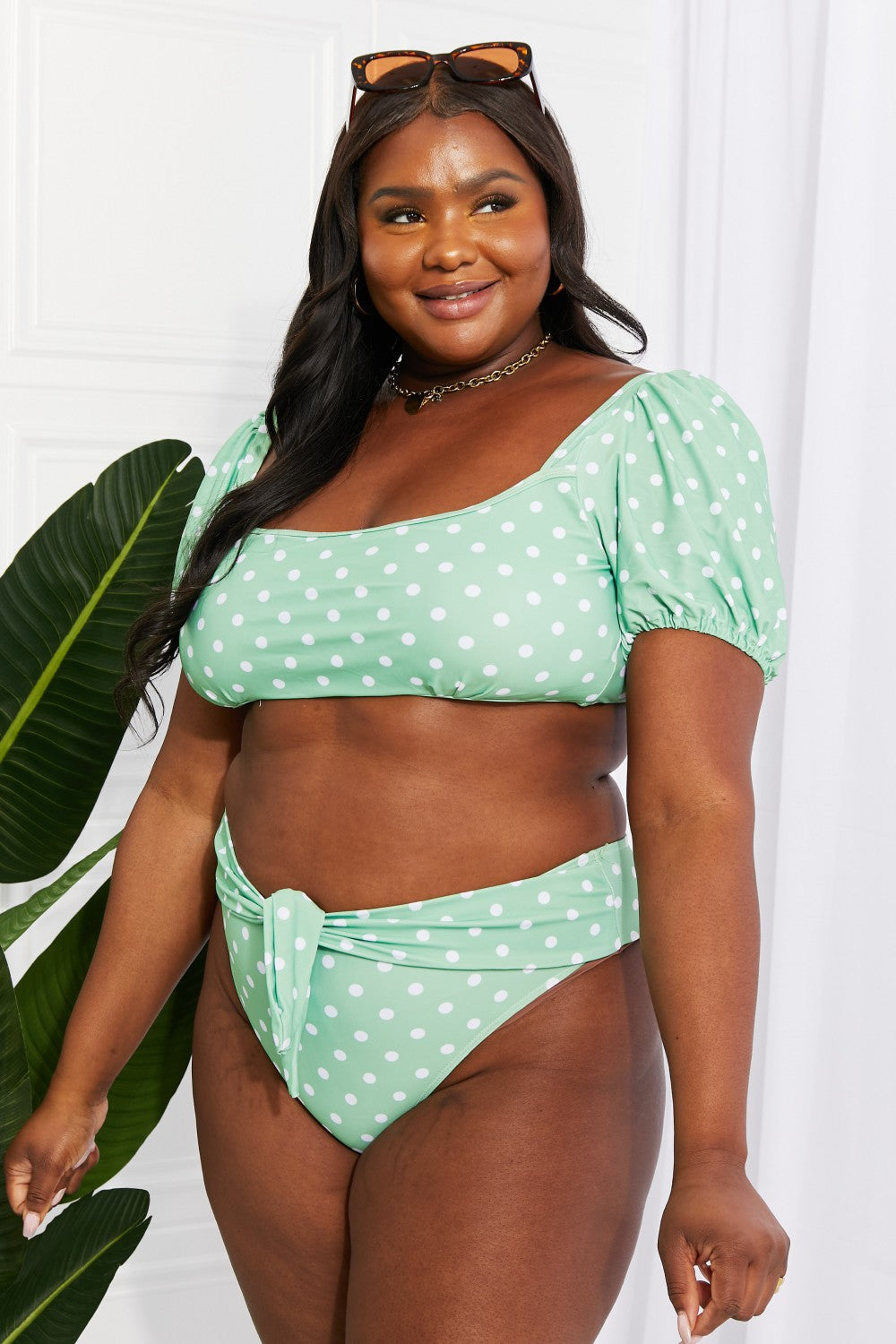 Marina West Swim Vacay Ready Puff Sleeve Bikini in Gum Leaf-Teresa&#39;s Fashionista LLC