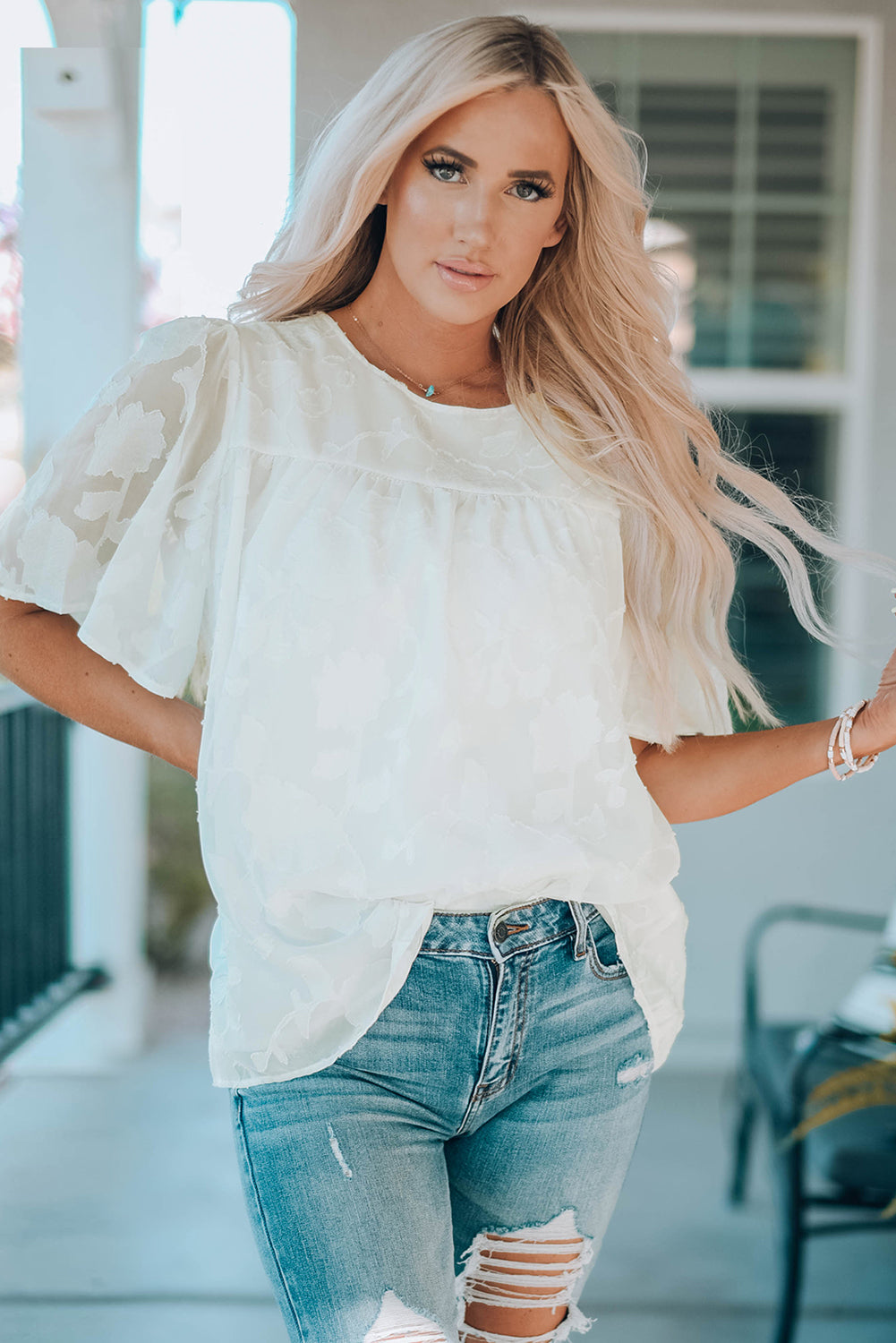 Round Neck Puff Sleeve Blouse-Teresa&#39;s Fashionista LLC