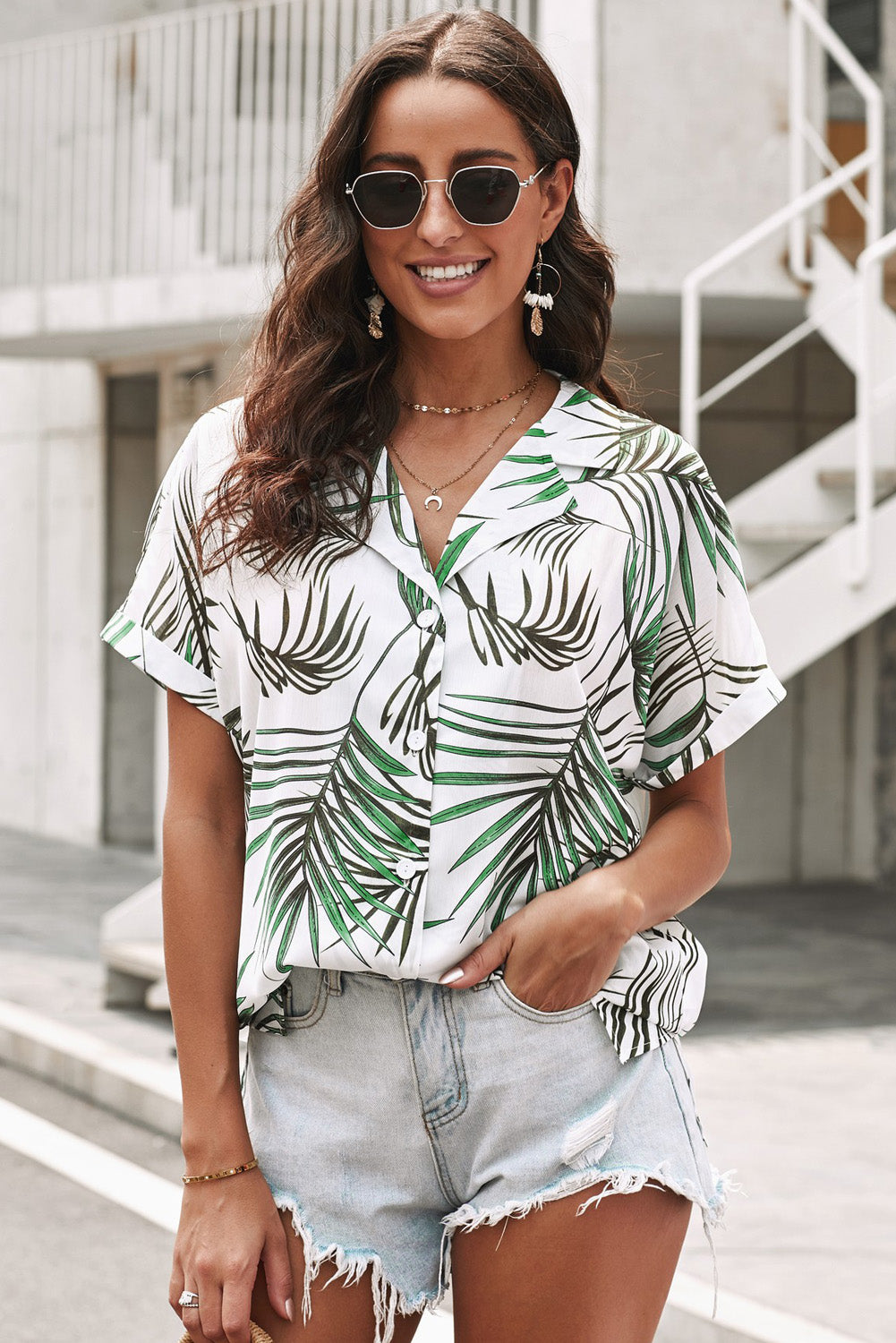 Botanical Print Button Front Lapel Collar Shirt-Teresa&#39;s Fashionista LLC