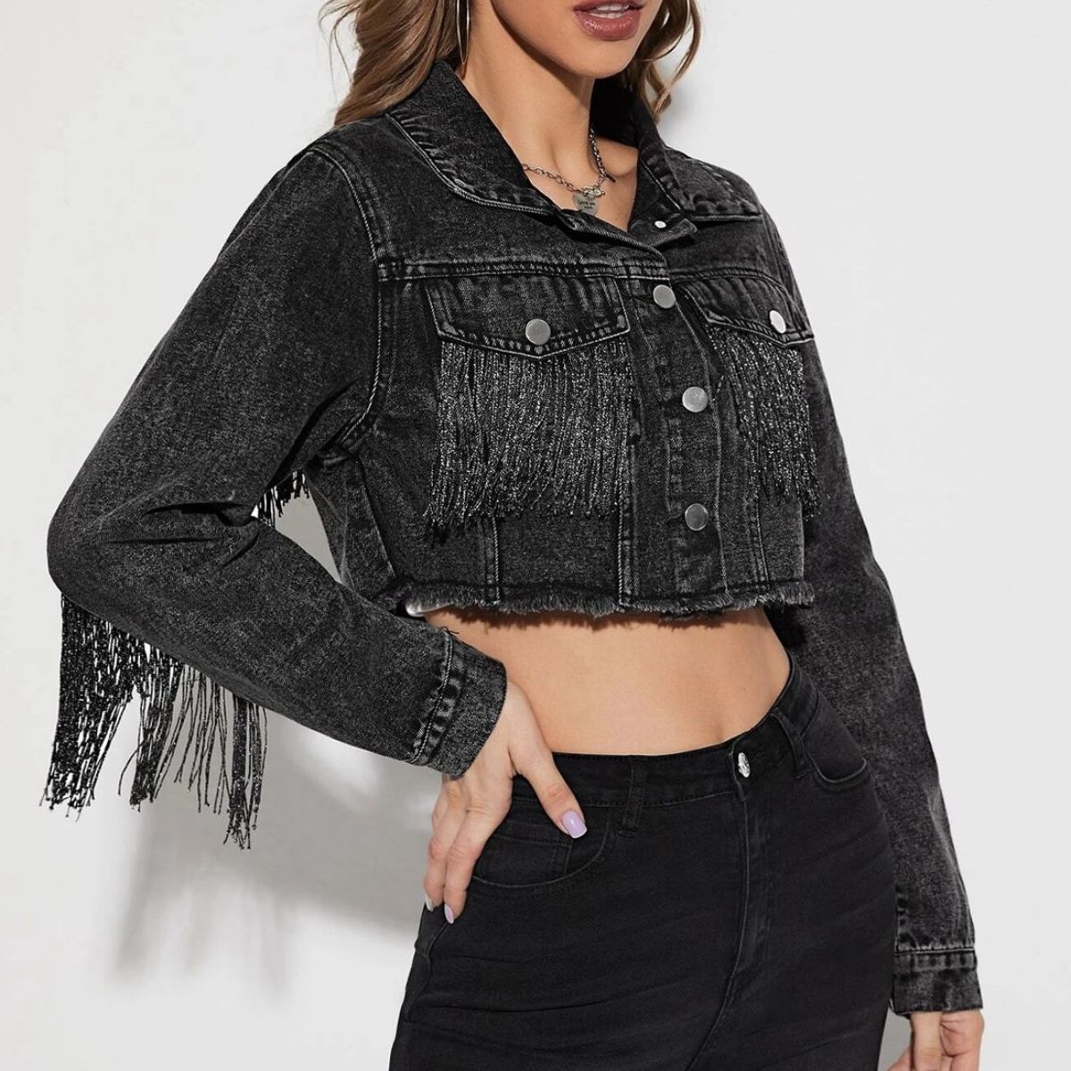 Fringe Detail Long Sleeve Cropped Denim Jacket-Teresa&#39;s Fashionista LLC