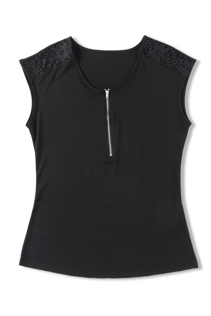 Half-Zip Scoop Neck Spliced Lace Top-Teresa&#39;s Fashionista LLC