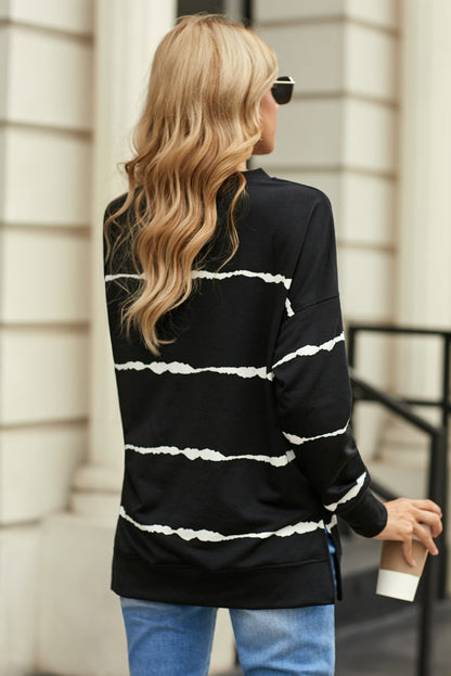 Striped Side Slit Round Neck Sweatshirt-Teresa&#39;s Fashionista LLC