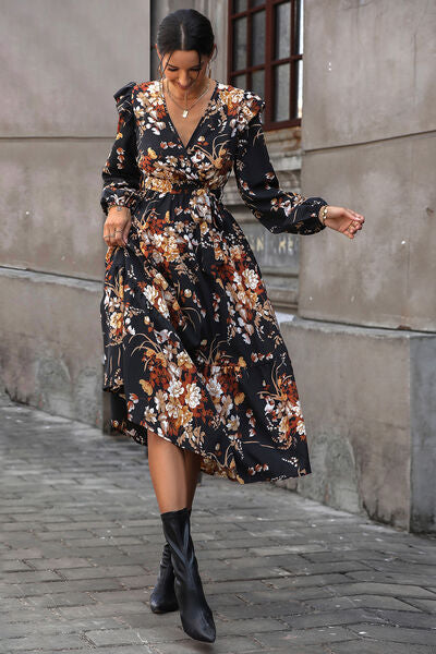 Floral Surplice Tie Front Ruffle Hem Midi Dress-Teresa&#39;s Fashionista LLC