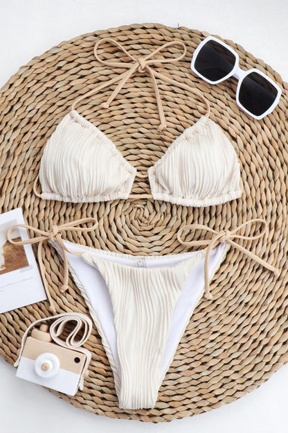 Textured Halter Neck Tied Bikini Set-Teresa&#39;s Fashionista LLC