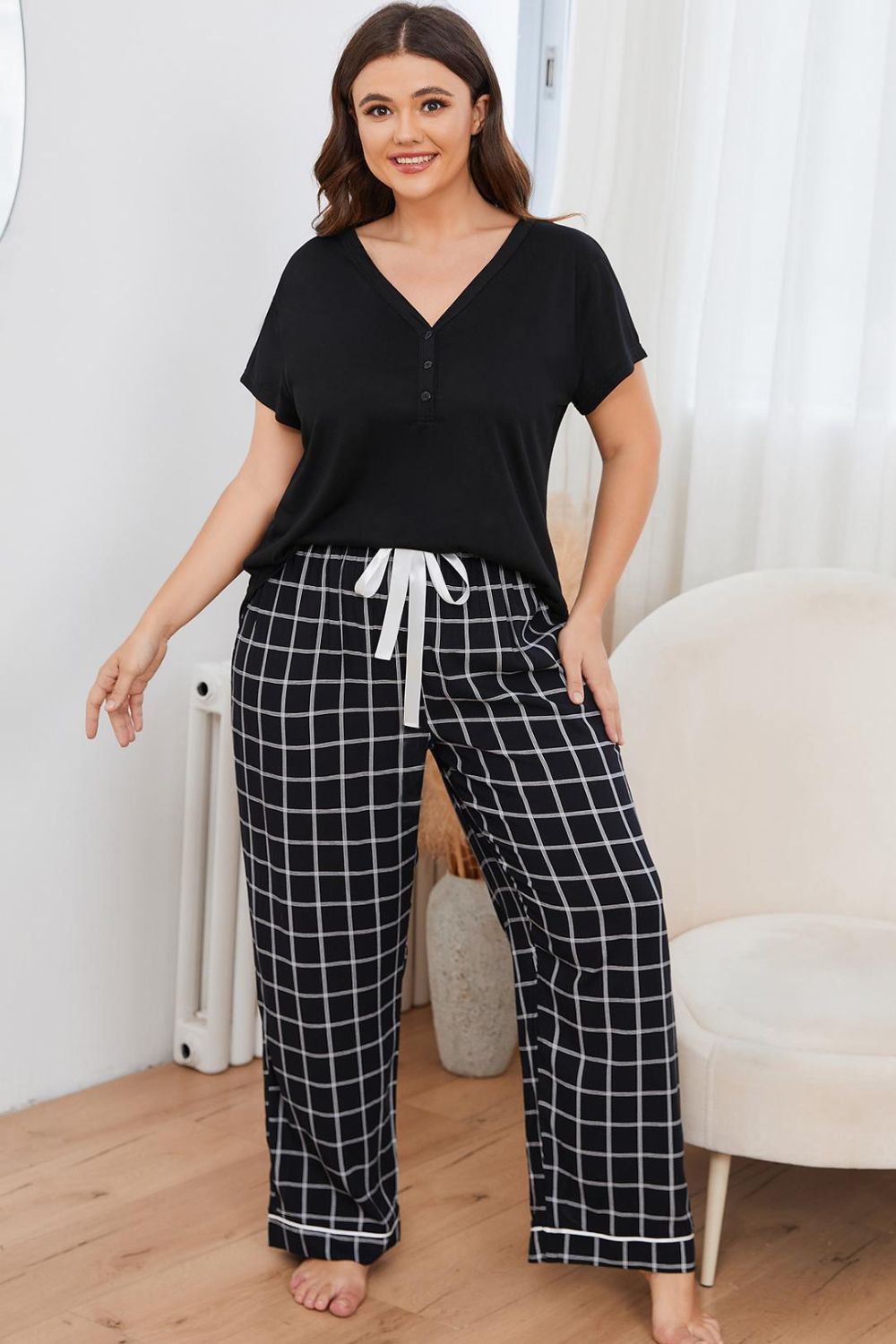 Plus Size V-Neck Top and Plaid Pants Lounge Set-Teresa&#39;s Fashionista LLC