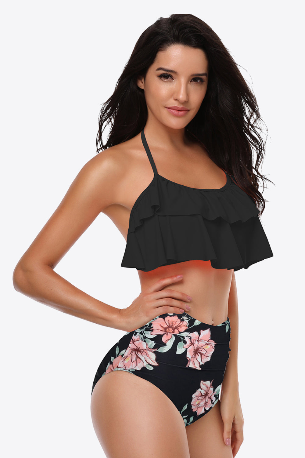 Two-Tone Ruffled Halter Neck Two-Piece Swimsuit-Teresa&#39;s Fashionista LLC