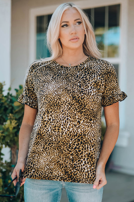 Women Leopard Short Flounce Sleeve Tee - Teresa's Fashionista LLC