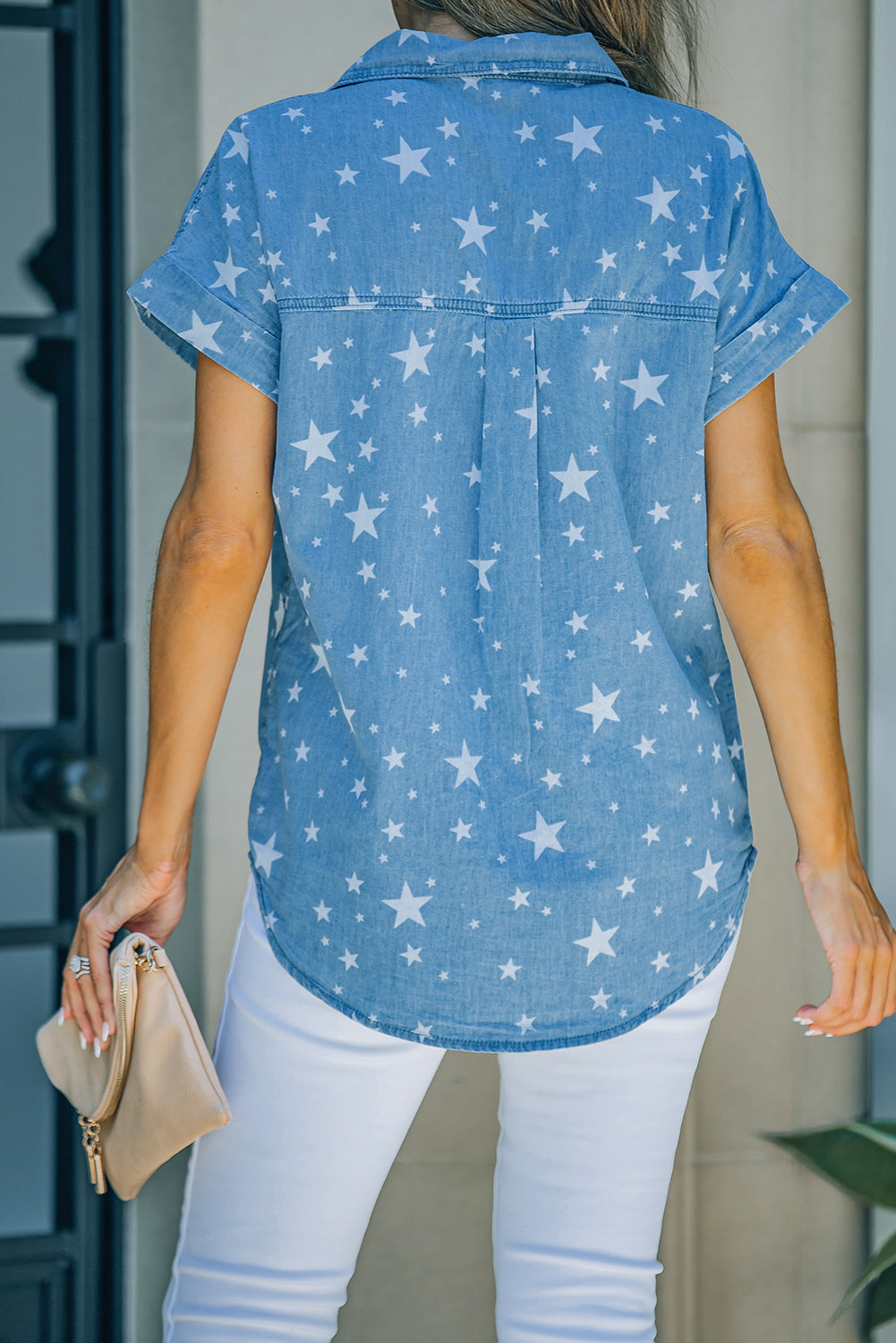 Star Print Button-Up Cuffed Short Sleeve Shirt-Teresa&#39;s Fashionista LLC