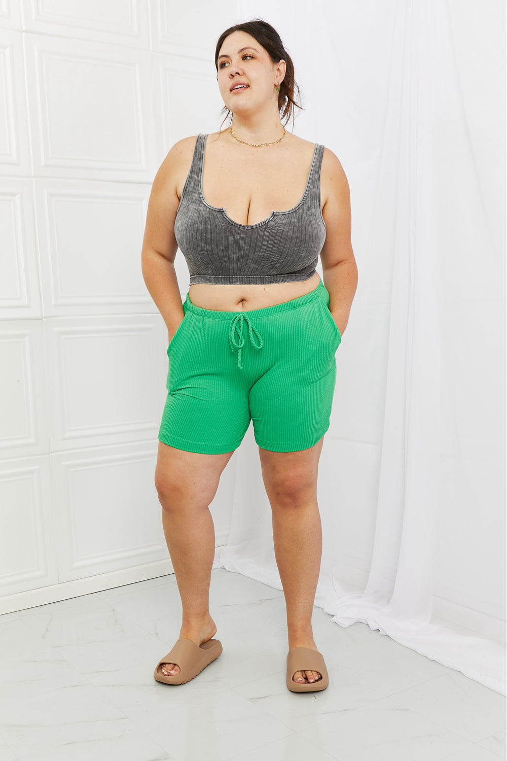 Blumin Apparel Too Good Full Size Ribbed Shorts in Green-Teresa&#39;s Fashionista LLC