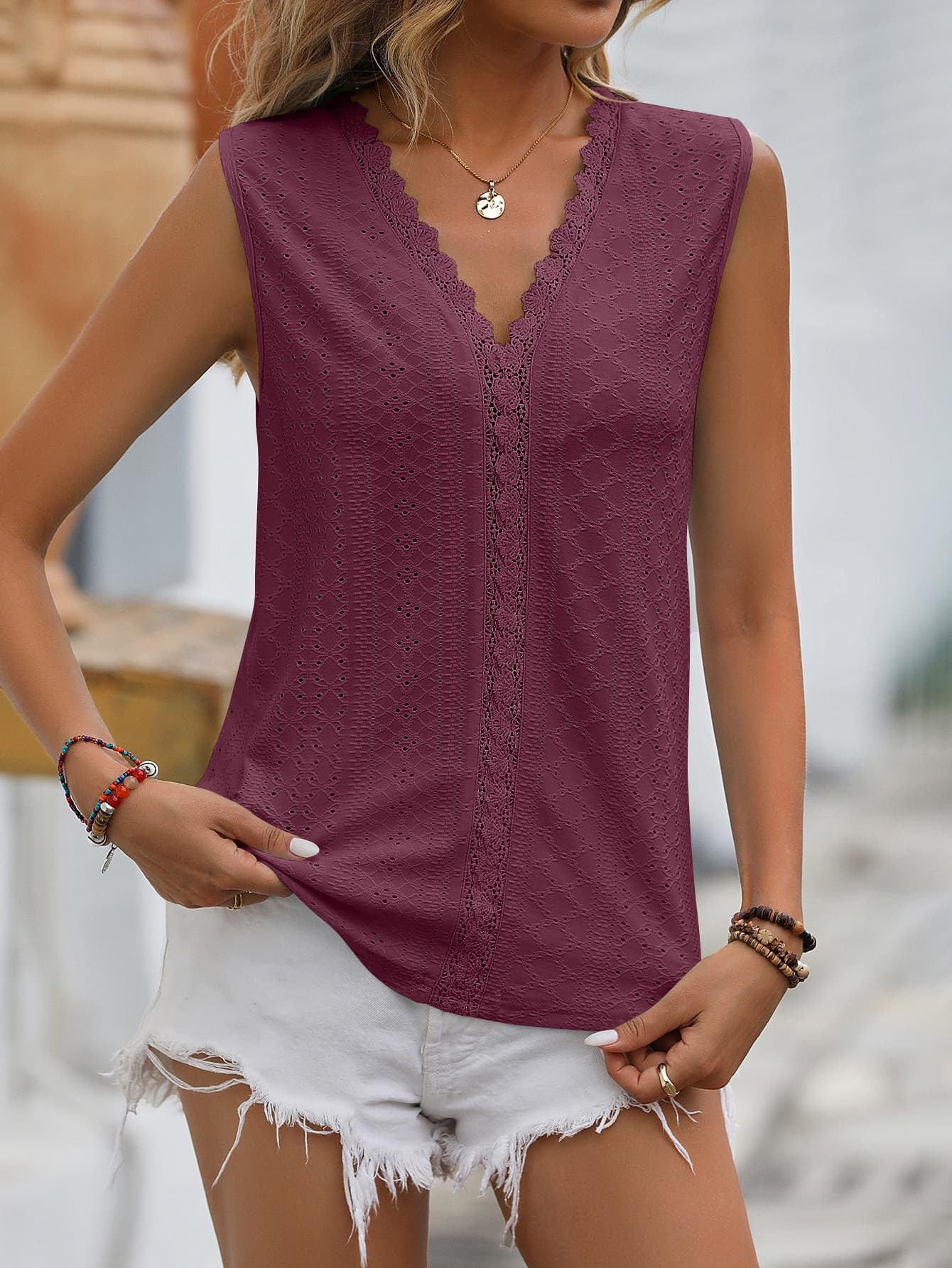 Spliced Lace V-Neck Sleeveless Tank-Teresa&#39;s Fashionista LLC