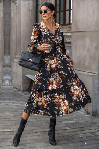 Floral Surplice Tie Front Ruffle Hem Midi Dress-Teresa&#39;s Fashionista LLC