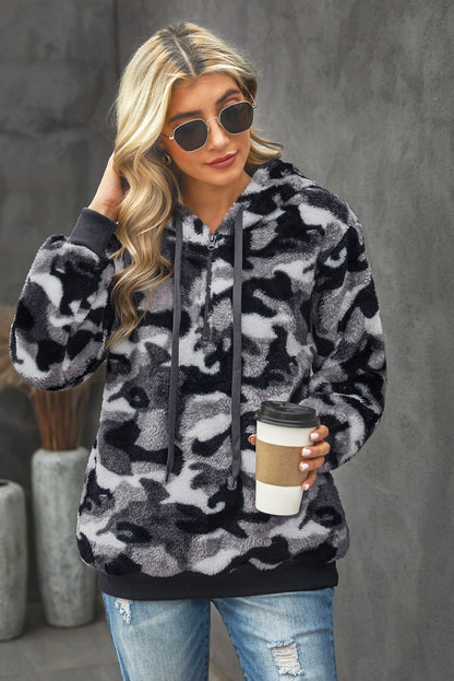 Camouflage Half Zip Fuzzy Hoodie-Teresa&#39;s Fashionista LLC