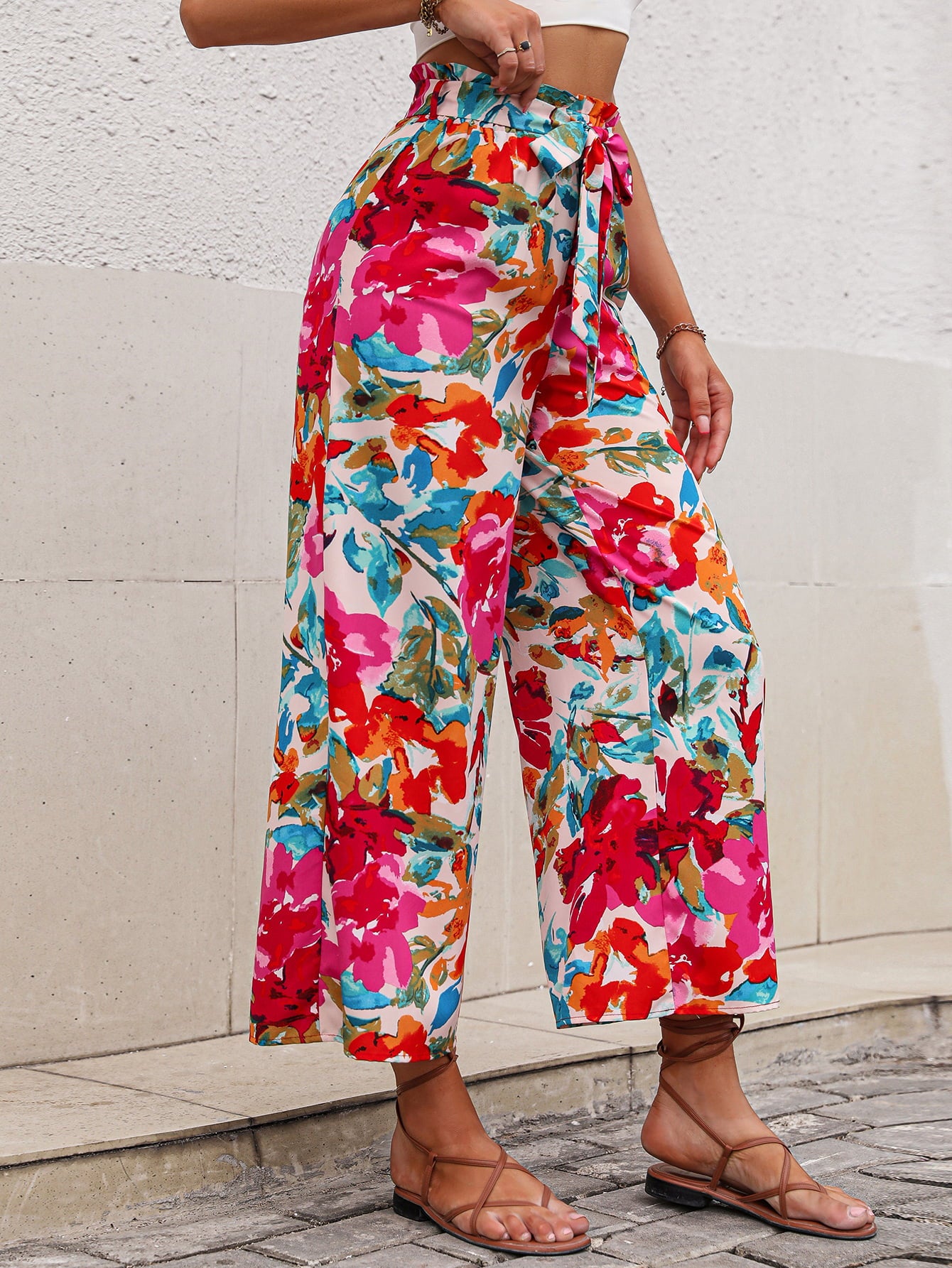 Floral Tie Belt Wide Leg Pants-Teresa&#39;s Fashionista LLC