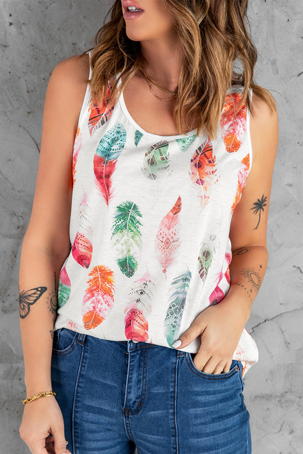 Feather Print Round Neck Tank-Teresa&#39;s Fashionista LLC