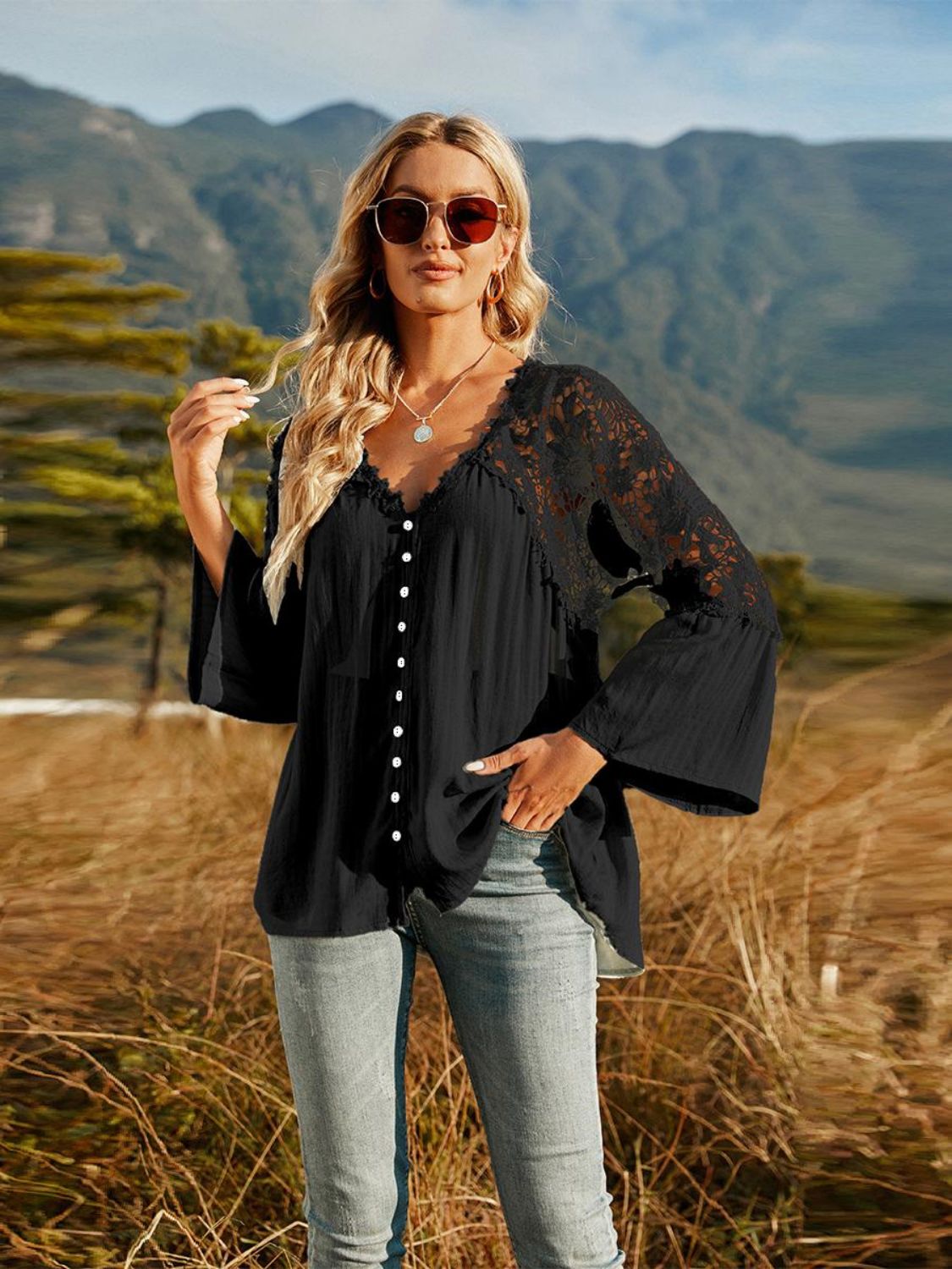 Spliced Lace Buttoned Blouse-Teresa&#39;s Fashionista LLC