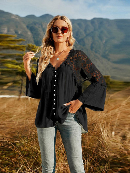Spliced Lace Buttoned Blouse - Teresa's Fashionista LLC