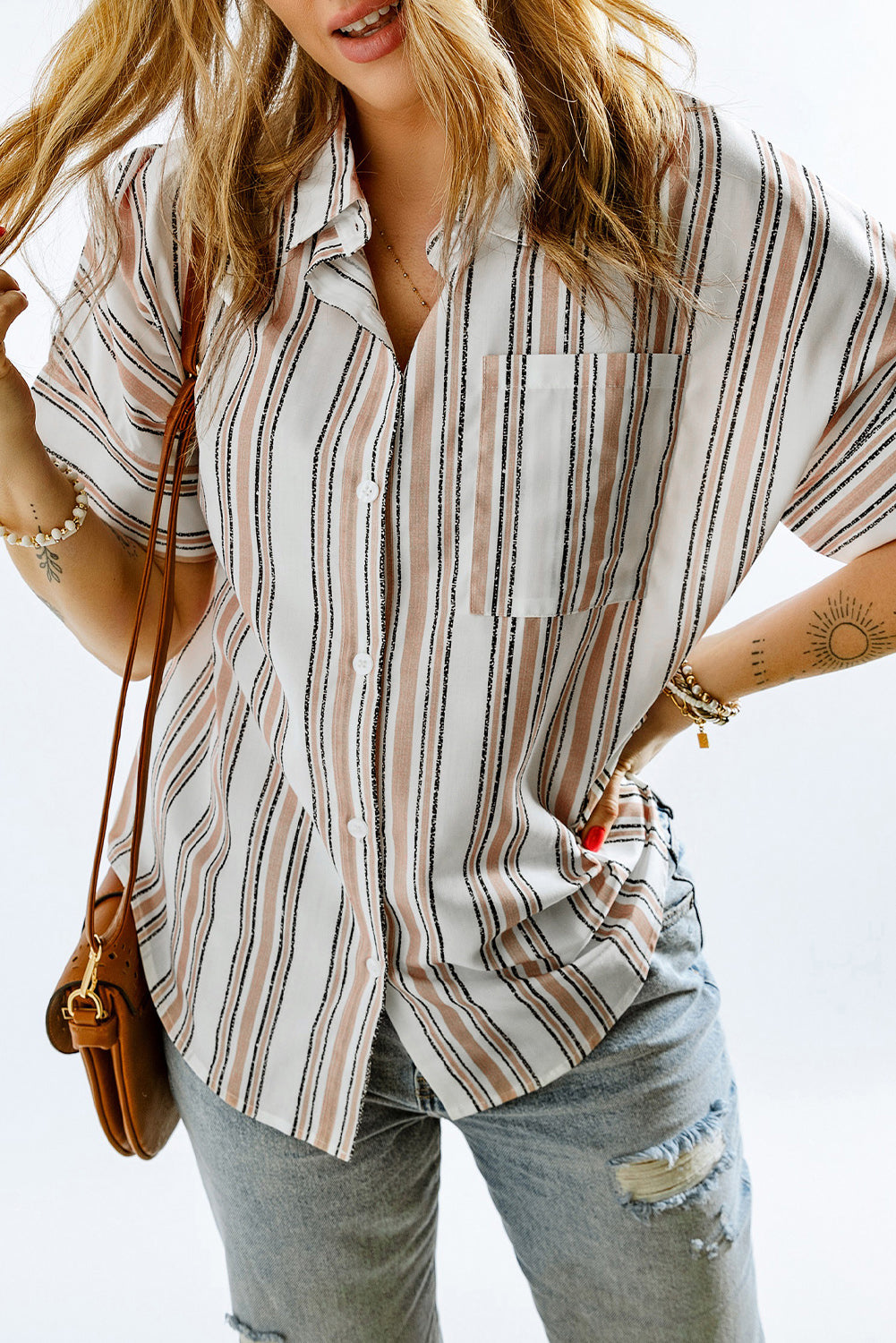 Striped Short Sleeve Shirt with Breast Pocket-Teresa&#39;s Fashionista LLC