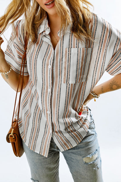 Striped Short Sleeve Shirt with Breast Pocket-Teresa&#39;s Fashionista LLC