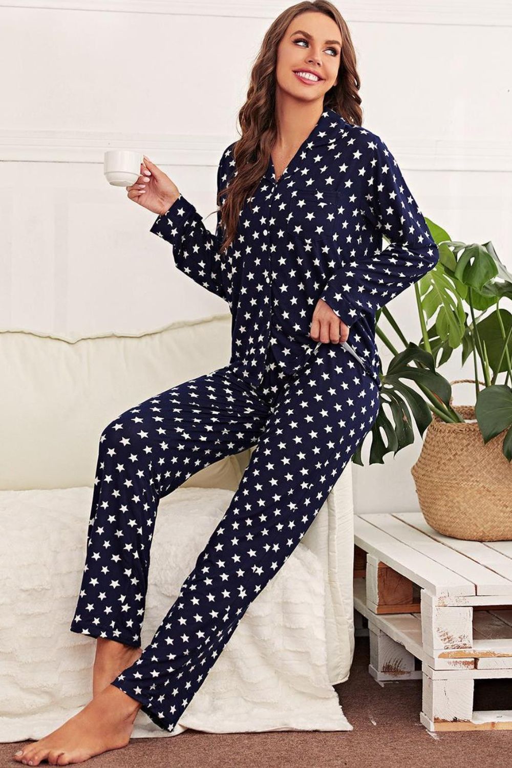 Star Print Button-Up Shirt and Pants Lounge Set-Teresa&#39;s Fashionista LLC