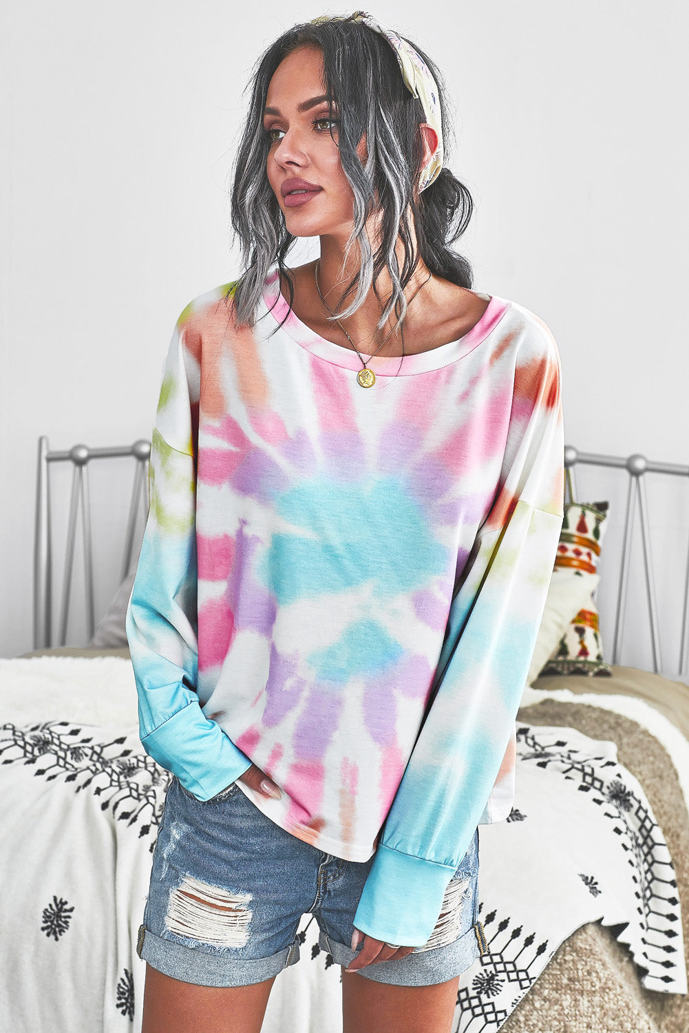 Tie-Dye Boat Neck Batwing Sleeve Tee-Teresa&#39;s Fashionista LLC