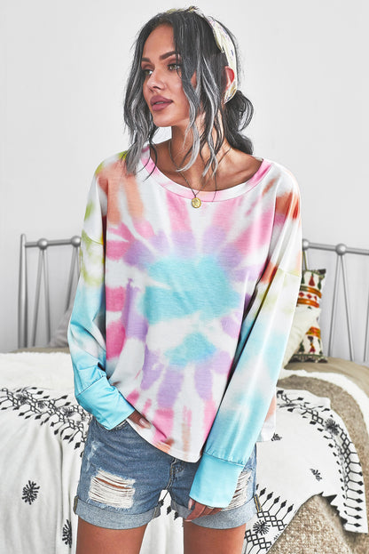 Tie-Dye Boat Neck Batwing Sleeve Tee-Teresa&#39;s Fashionista LLC