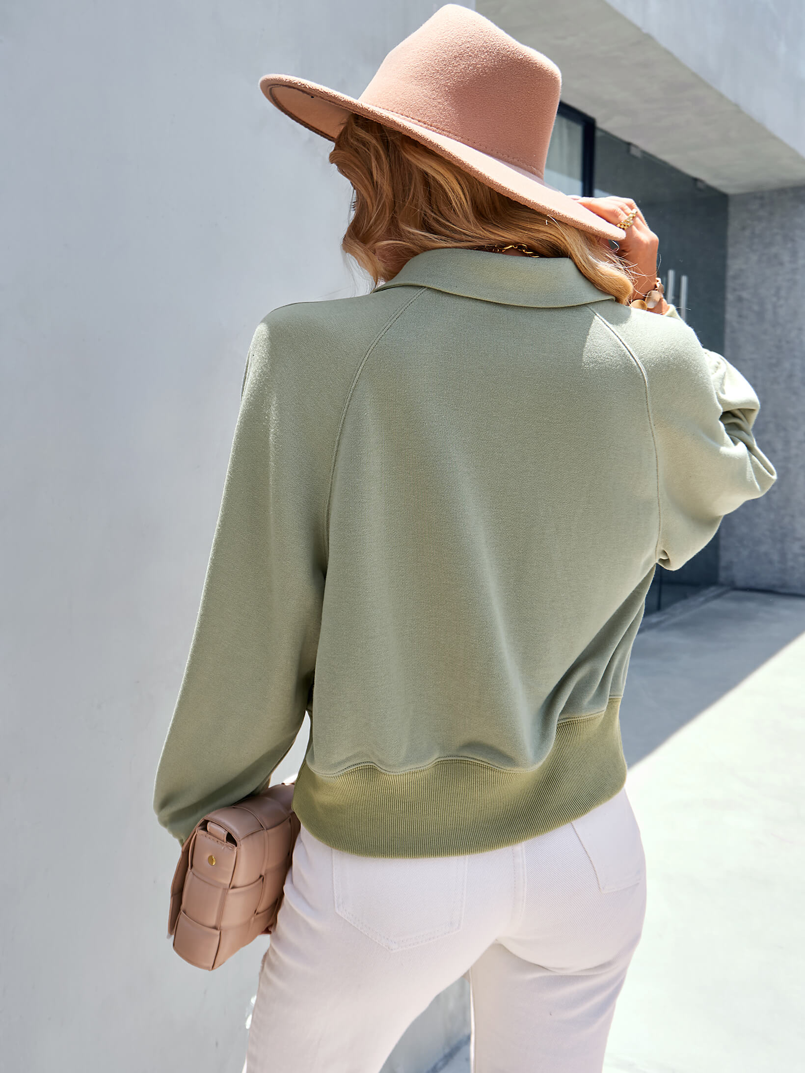 Quarter-Snap Collared Raglan Sleeve Sweatshirt-Teresa&#39;s Fashionista LLC