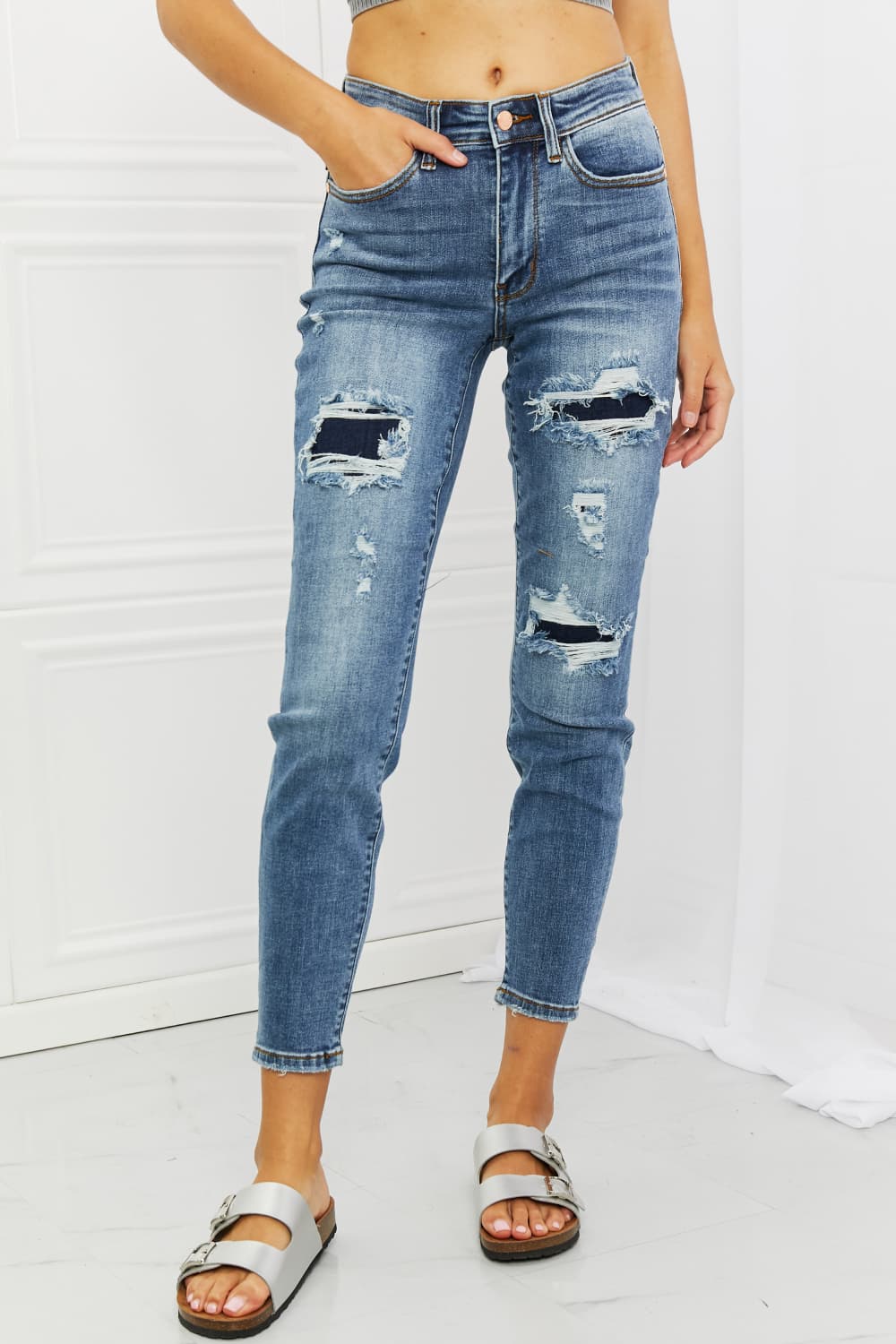 Judy Blue Dahlia Full Size Distressed Patch Jeans-Teresa&#39;s Fashionista LLC