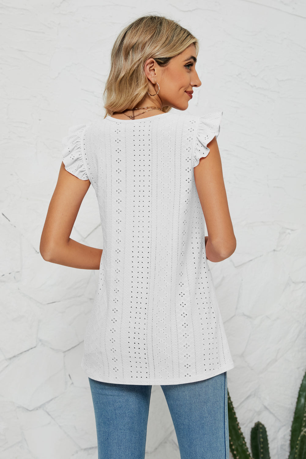 Smocked Round Neck Eyelet Top-Teresa&#39;s Fashionista LLC