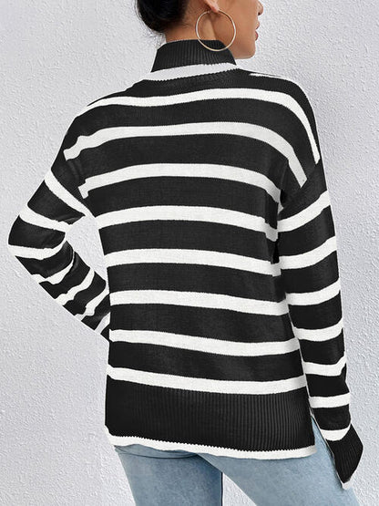 Striped Turtleneck Long Sleeve Sweater-Teresa&#39;s Fashionista LLC