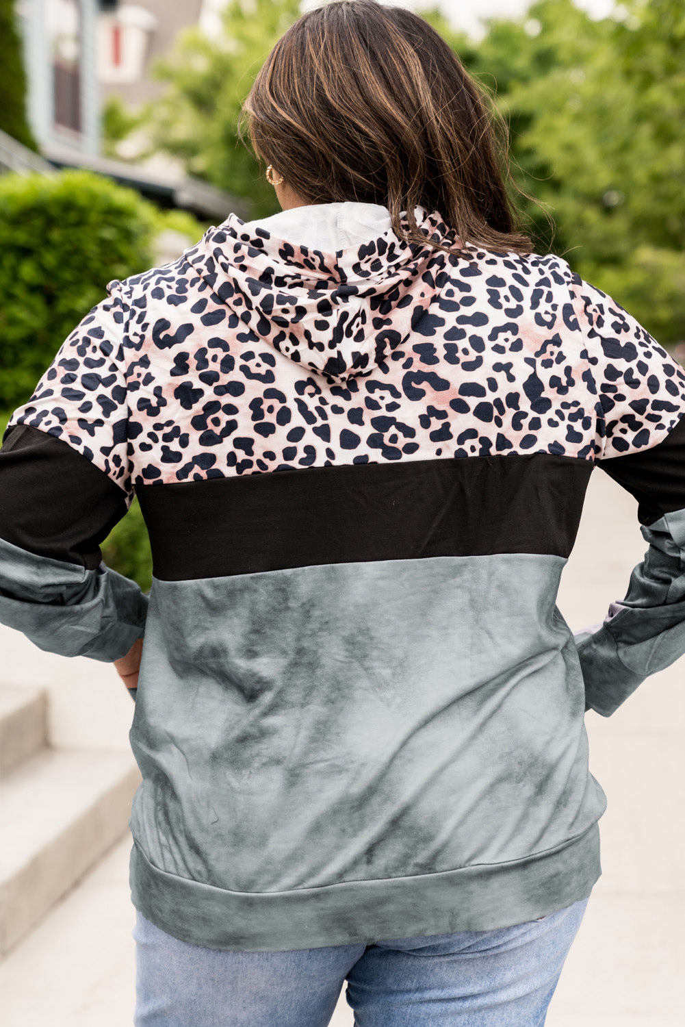 Plus Size Leopard Print Color Block Hoodie with Kangaroo Pocket-Teresa&#39;s Fashionista LLC