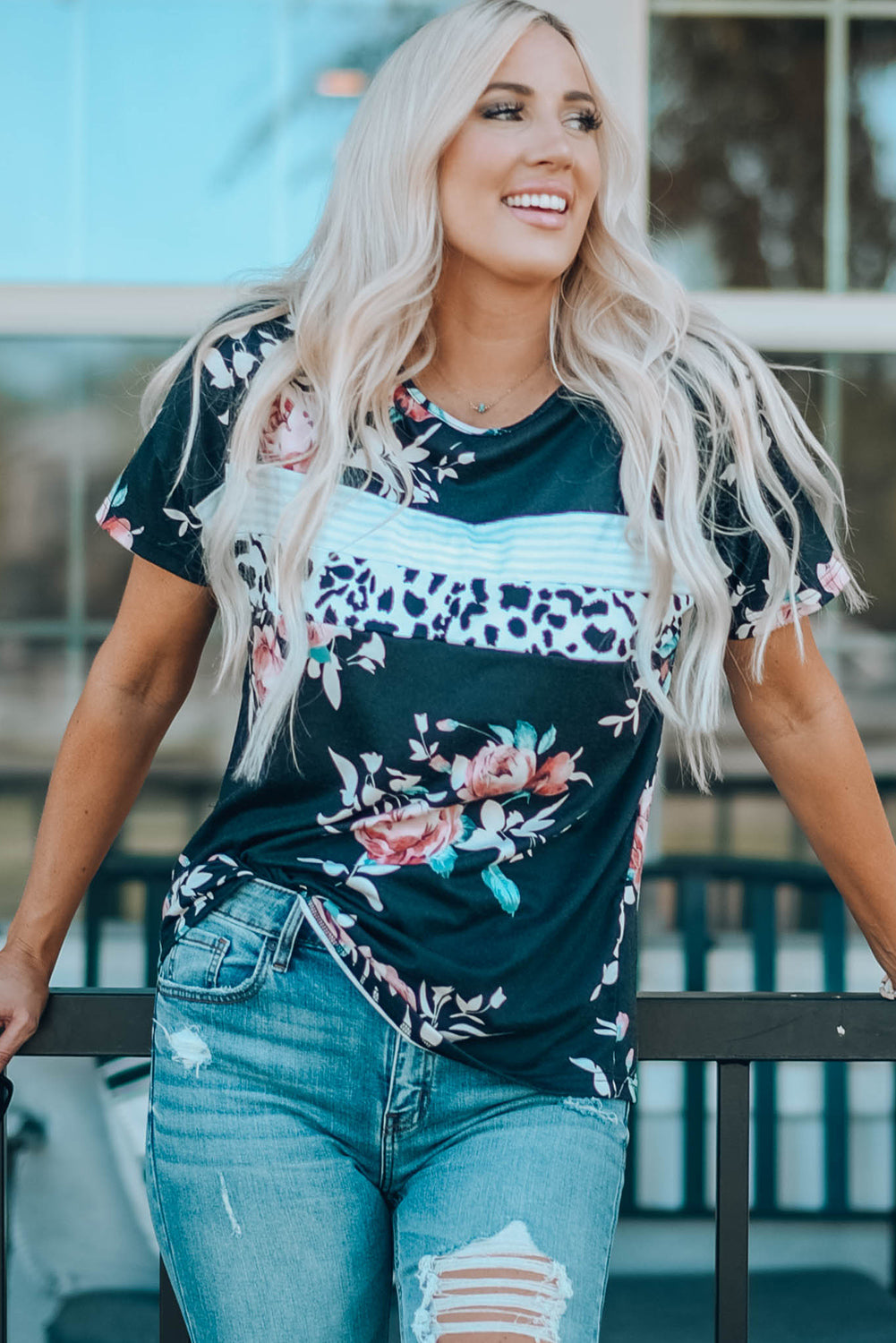 Floral Round Neck Short Sleeve Tee-Teresa&#39;s Fashionista LLC