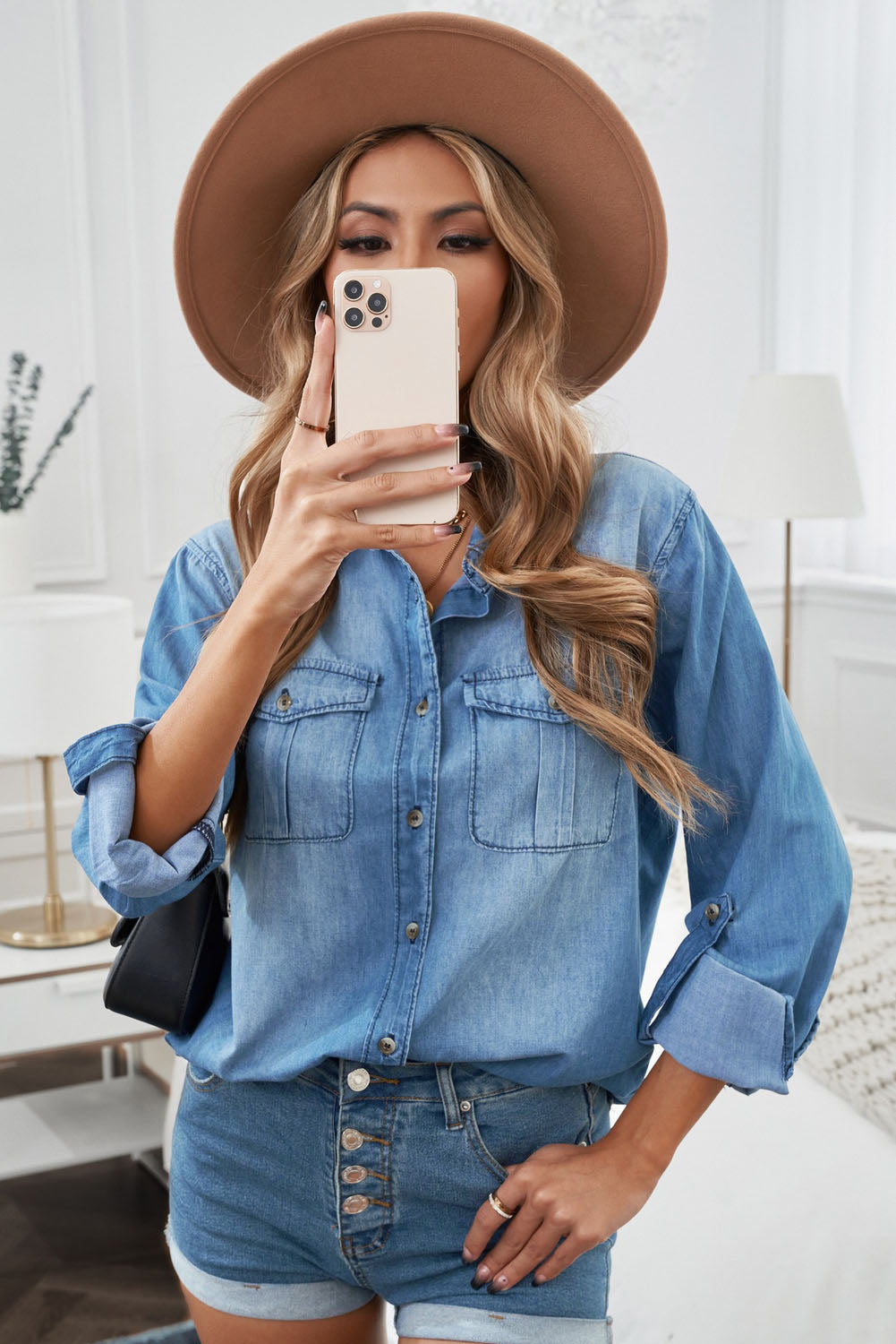 Button Front Roll-Tab Sleeve Denim Shirt-Teresa&#39;s Fashionista LLC