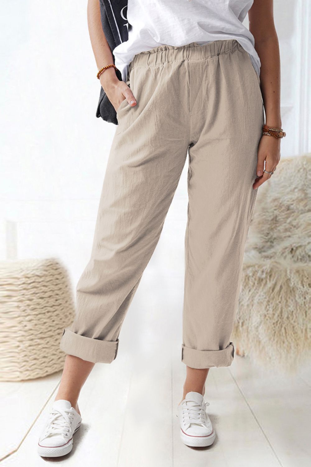 Paperbag Waist Pull-On Pants with Pockets-Teresa&#39;s Fashionista LLC