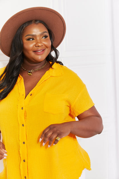 Zenana Full Size Summer Breeze Gauze Short Sleeve Shirt in Mustard-Teresa&#39;s Fashionista LLC