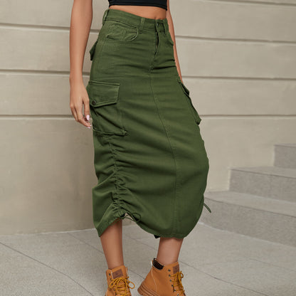 Drawstring Ruched Slit Denim Midi Skirt-Teresa&#39;s Fashionista LLC