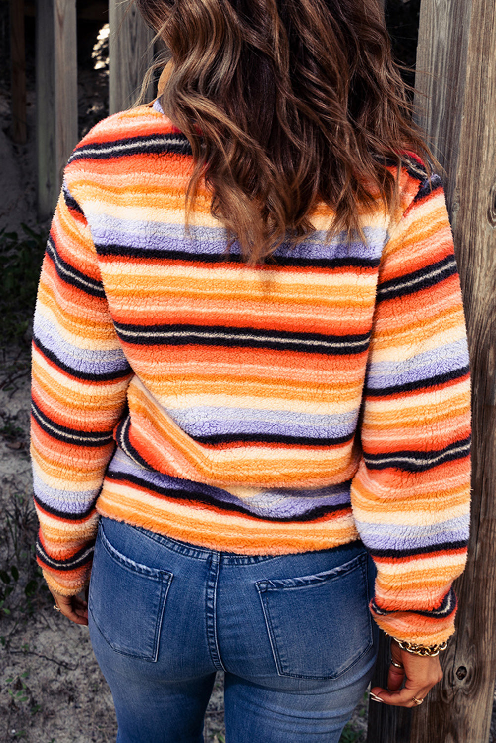 Multicolored Stripe Quarter Snap Fleece Sweatshirt-Teresa&#39;s Fashionista LLC