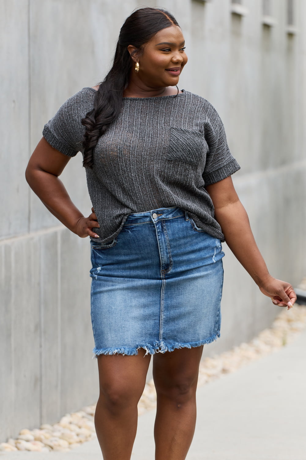 e.Luna Full Size Chunky Knit Short Sleeve Top in Gray-Teresa&#39;s Fashionista LLC