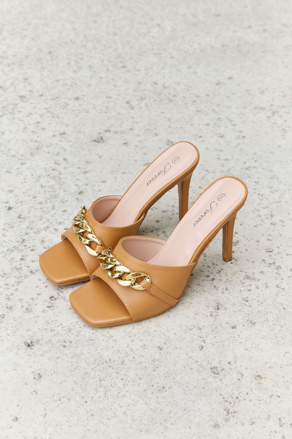 Forever Link Single Strap Chain Detail Mule Heels in Tan-Teresa&#39;s Fashionista LLC