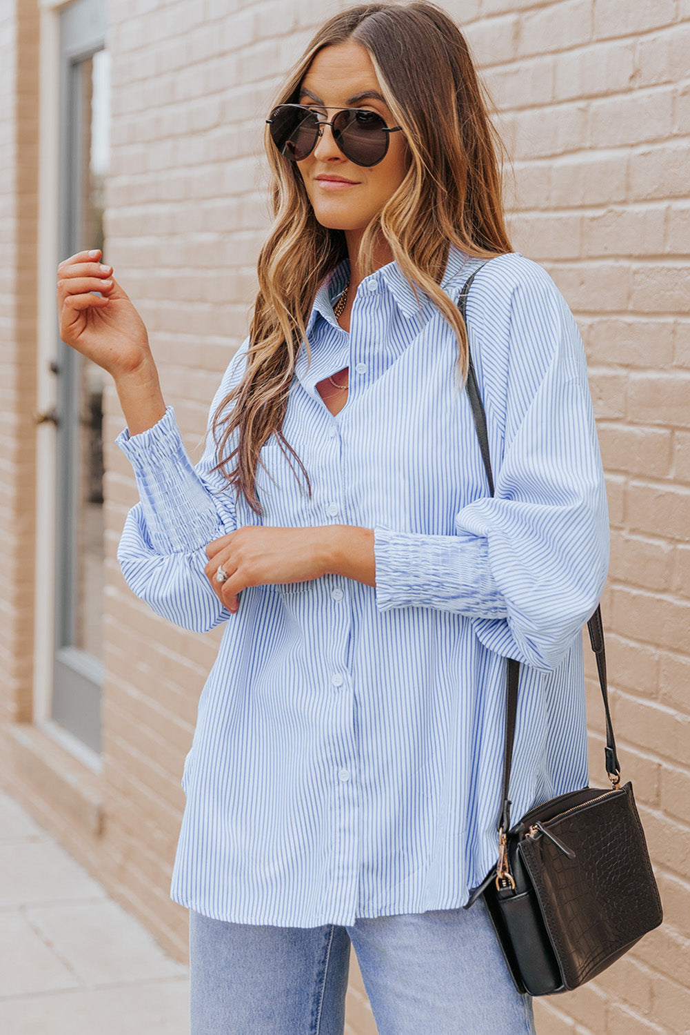 Striped Lantern Sleeve Collared Shirt-Teresa&#39;s Fashionista LLC