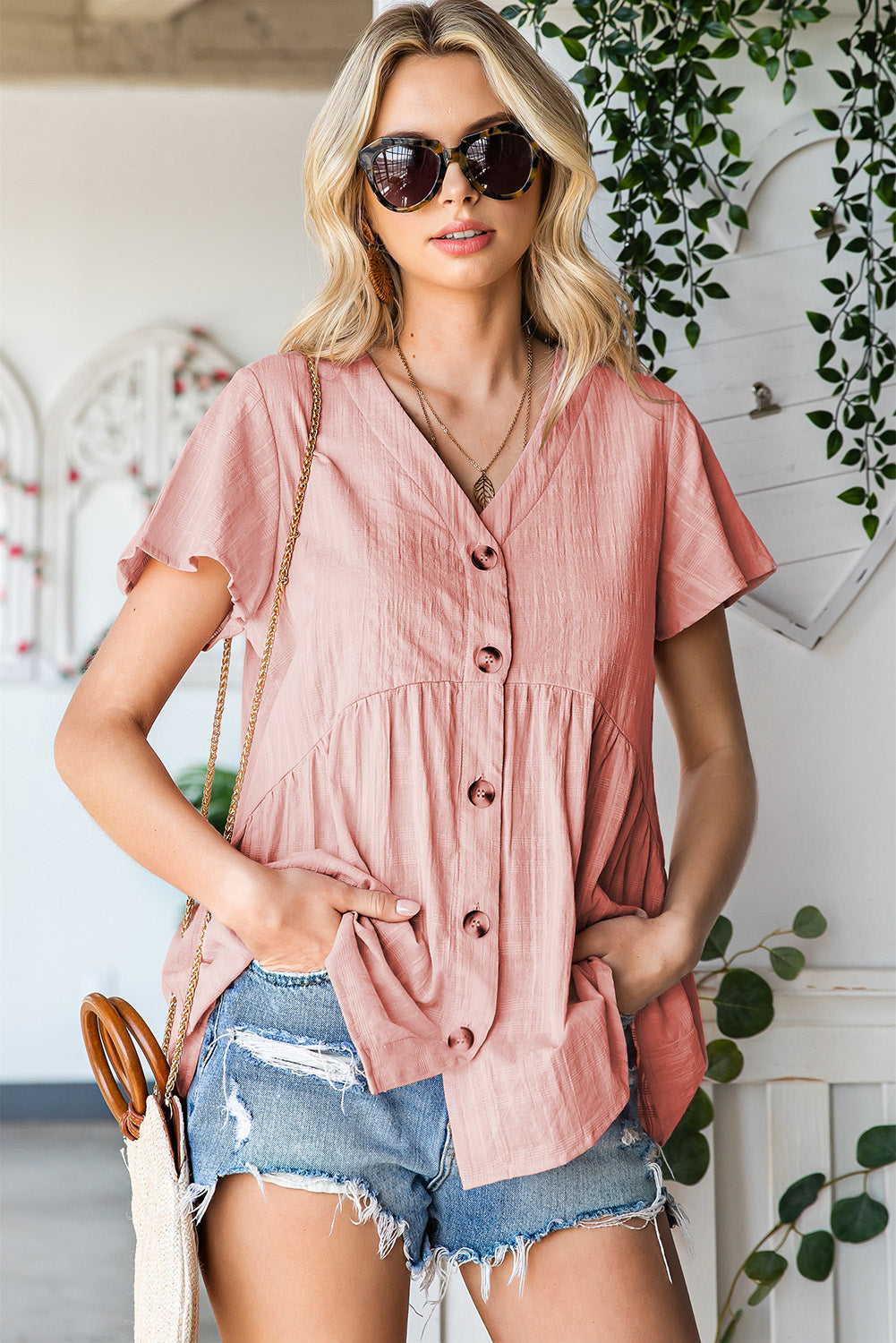 Button Down V-Neck Short Sleeve Shirt-Teresa&#39;s Fashionista LLC