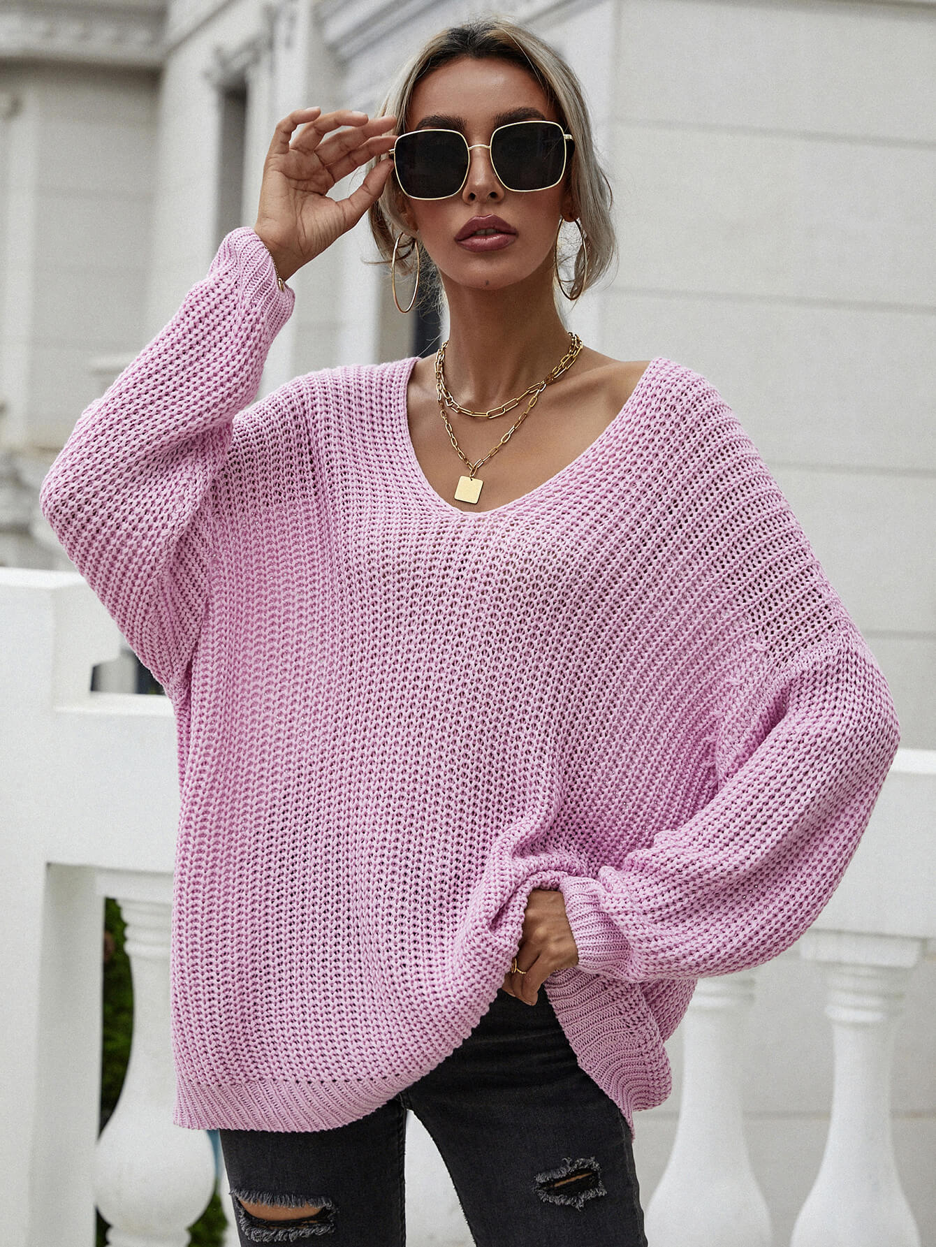 Rib-Knit Drop Shoulder V-Neck Pullover Sweater-Teresa&#39;s Fashionista LLC