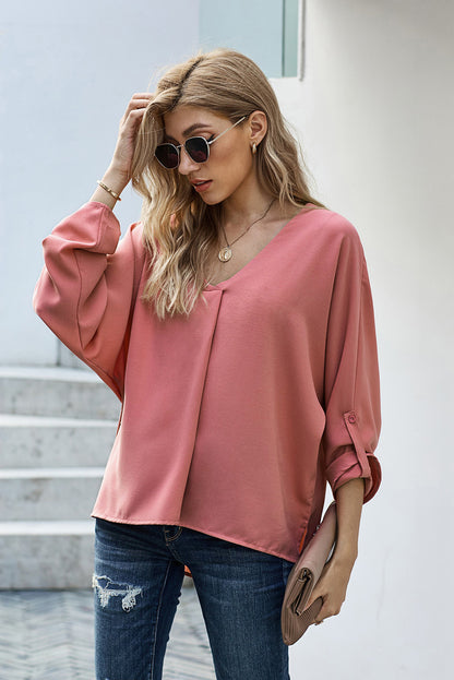 V-Neck Roll-Tab Sleeve Blouse-Teresa&#39;s Fashionista LLC