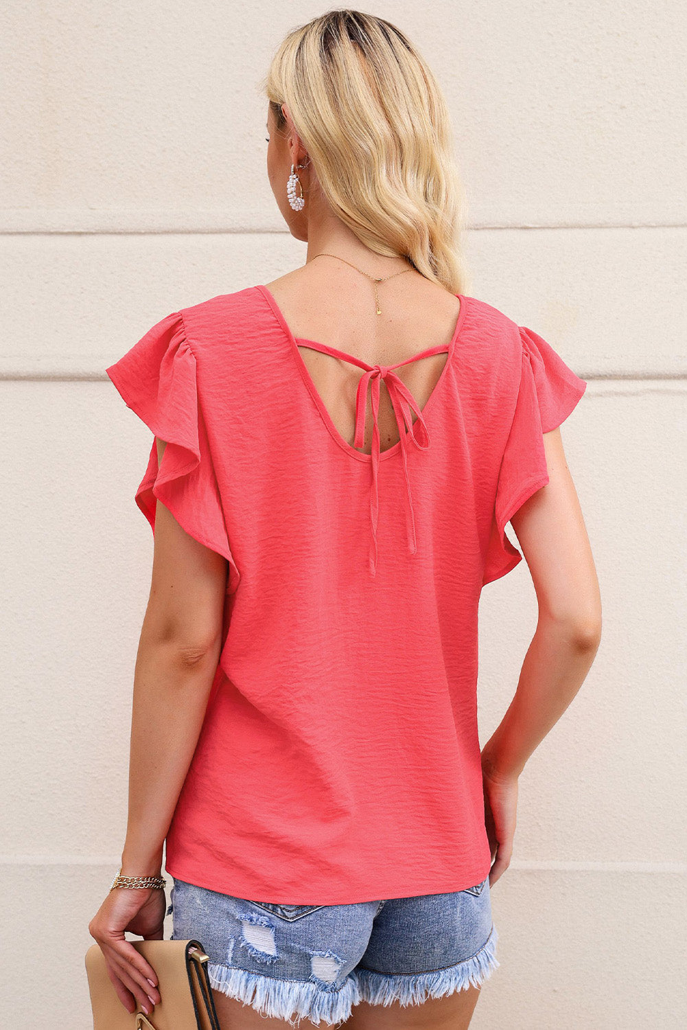 V-Neck Tied Flutter Sleeve Blouse-Teresa&#39;s Fashionista LLC