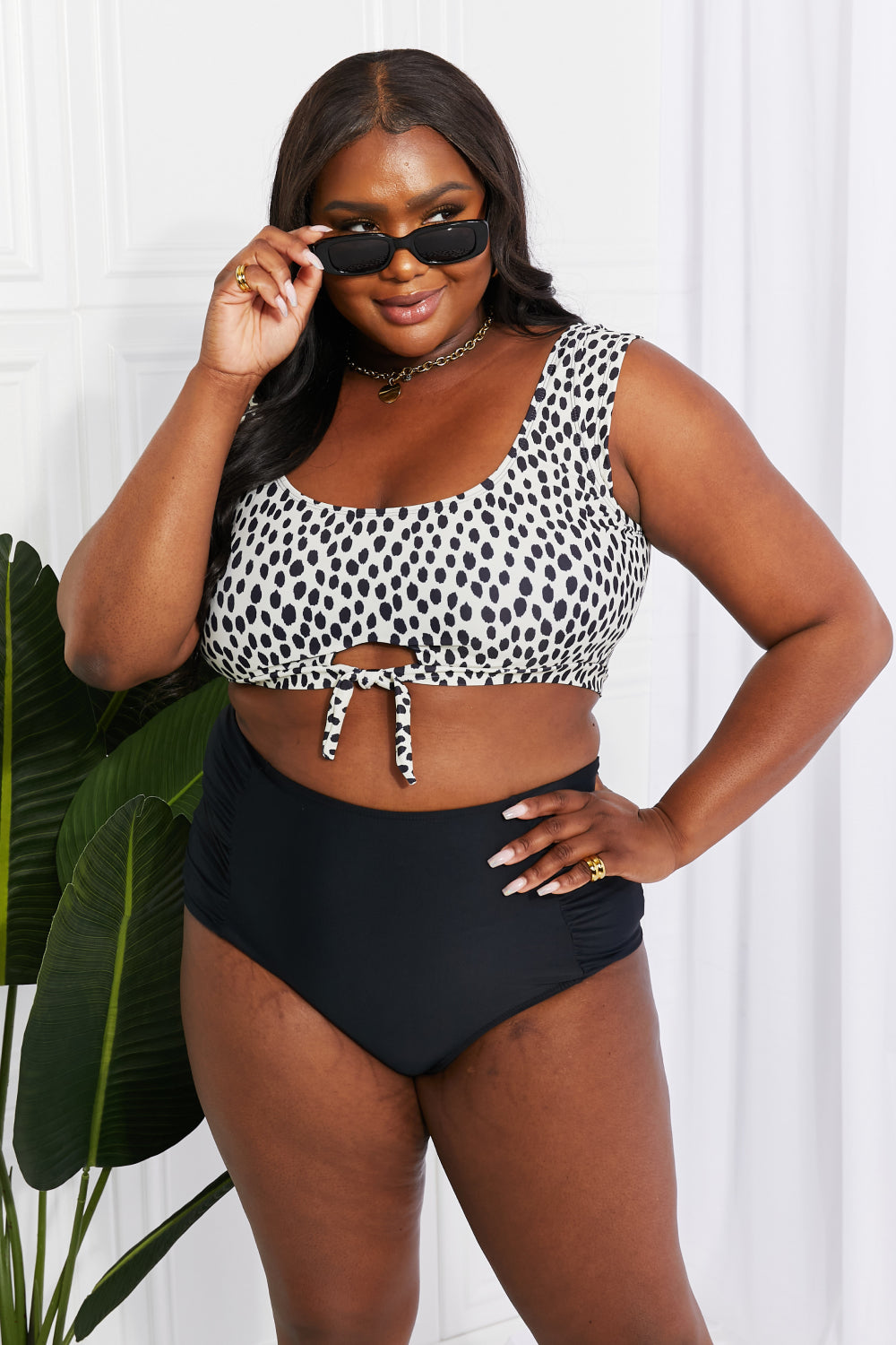 Marina West Swim Sanibel Crop Swim Top and Ruched Bottoms Set in Black-Teresa&#39;s Fashionista LLC