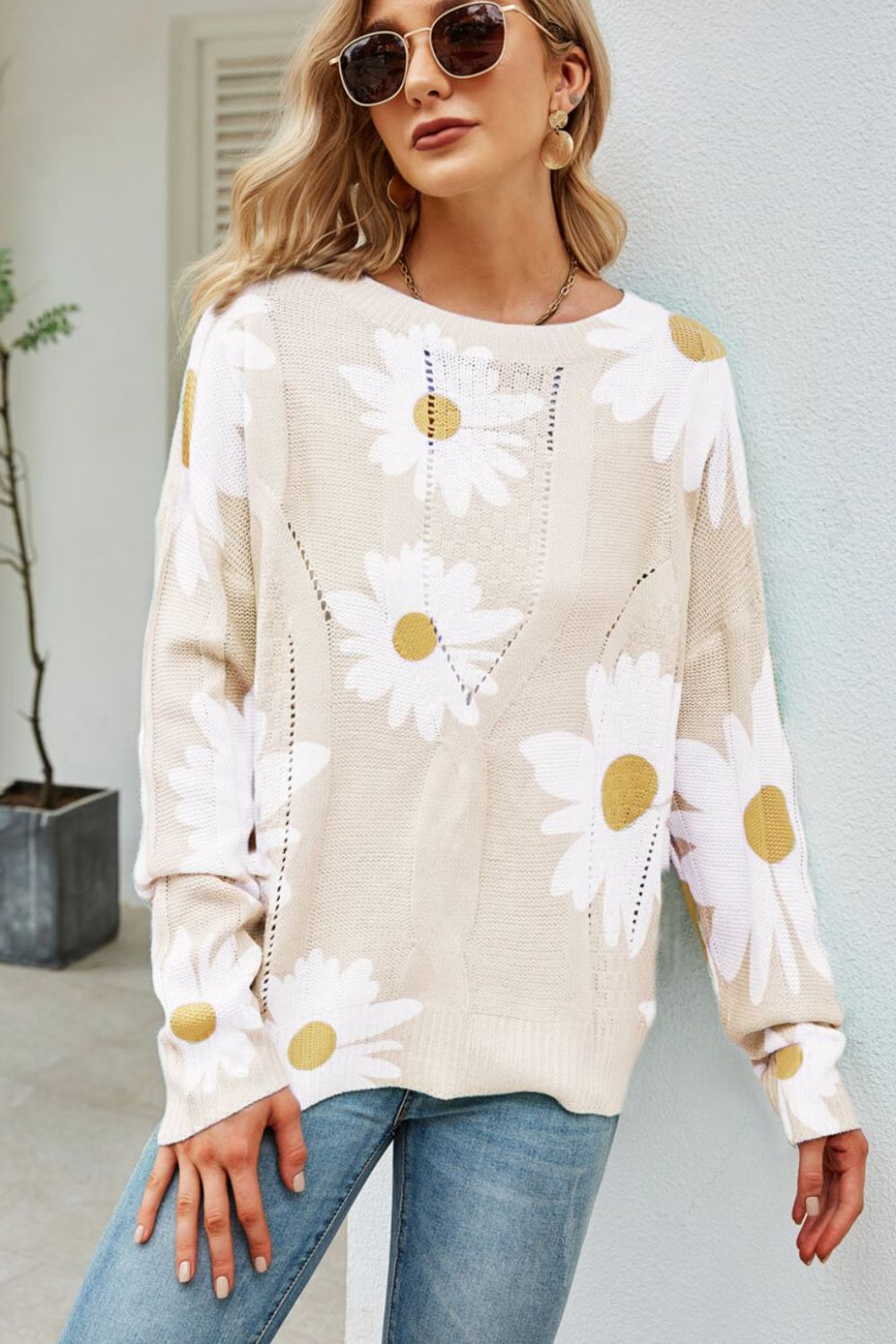 Daisy Print Openwork Round Neck Sweater-Teresa&#39;s Fashionista LLC